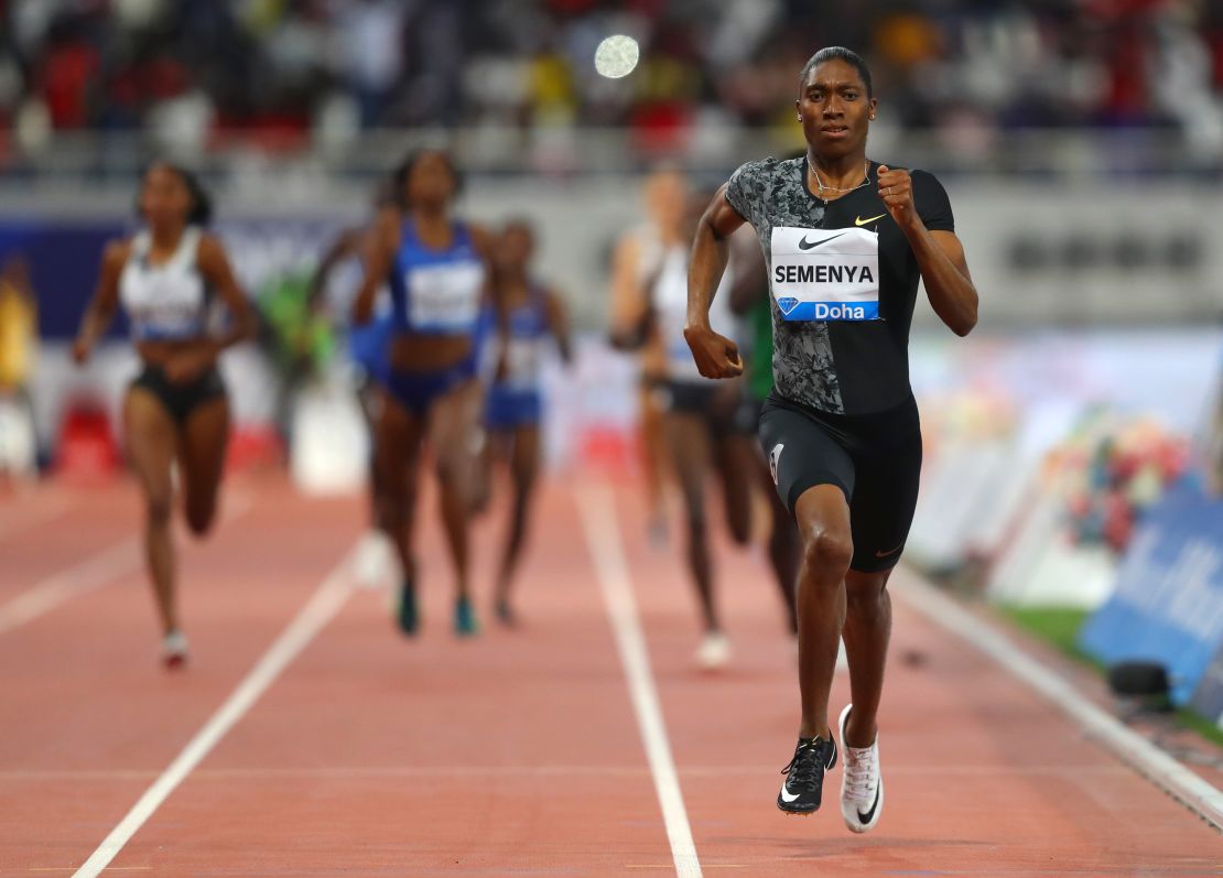 Caster Semenya of South Africa races to the line to win the women's 800 meters at the IAAF Diamond League event Friday in Doha, Qatar.