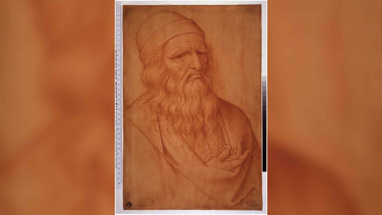 A portrait of Leonardo da Vinci from the 16th century by Giovanni Ambrogio Figino, drawn in red chalk.