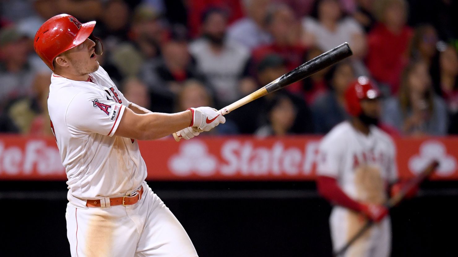 Mike Trout of the Los Angeles Angels watches his solo homerun to take a 6-2 lead over the Toronto Blue Jays during the sixth inning at Angel Stadium of Anaheim on May 02, 2019 in Anaheim, California.