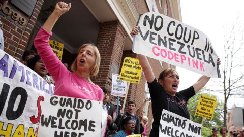 WASHINGTON, DC - APRIL 25: Medea Benjamin (L) and Ariel Gold (R) of CodePink shout slogans during a news conference outside the Embassy of Venezuela April 25, 2019 in Washington, DC.  
