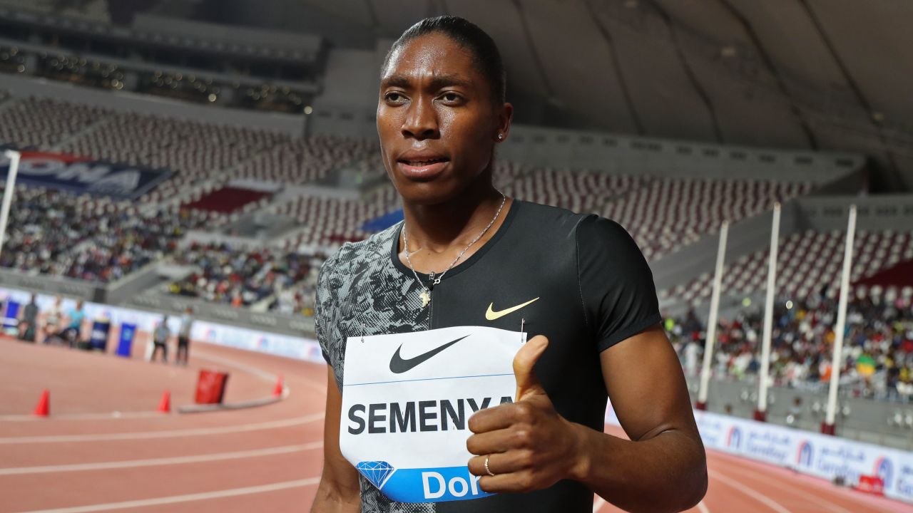 Semenya celebrates after winning the women's 800m during the IAAF Diamond League competition on May 3, 2019 in Doha.