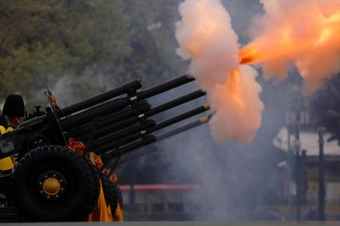Thai Royal Guards fire a series of cannon salutes during the coronation in Bangkok on May 4.
