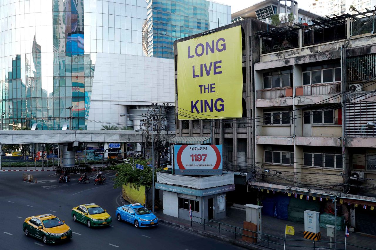 A banner is seen on a street during the coronation of King Maha Vajiralongkorn.