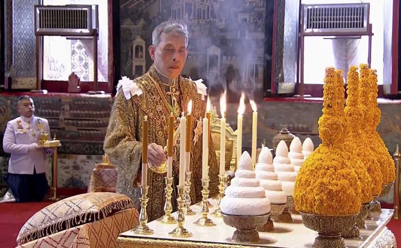 In an image taken from Thai television, King Vajiralongkorn visits the Temple of the Emerald Buddha on May 4 to proclaim himself the royal patron of Buddhism.