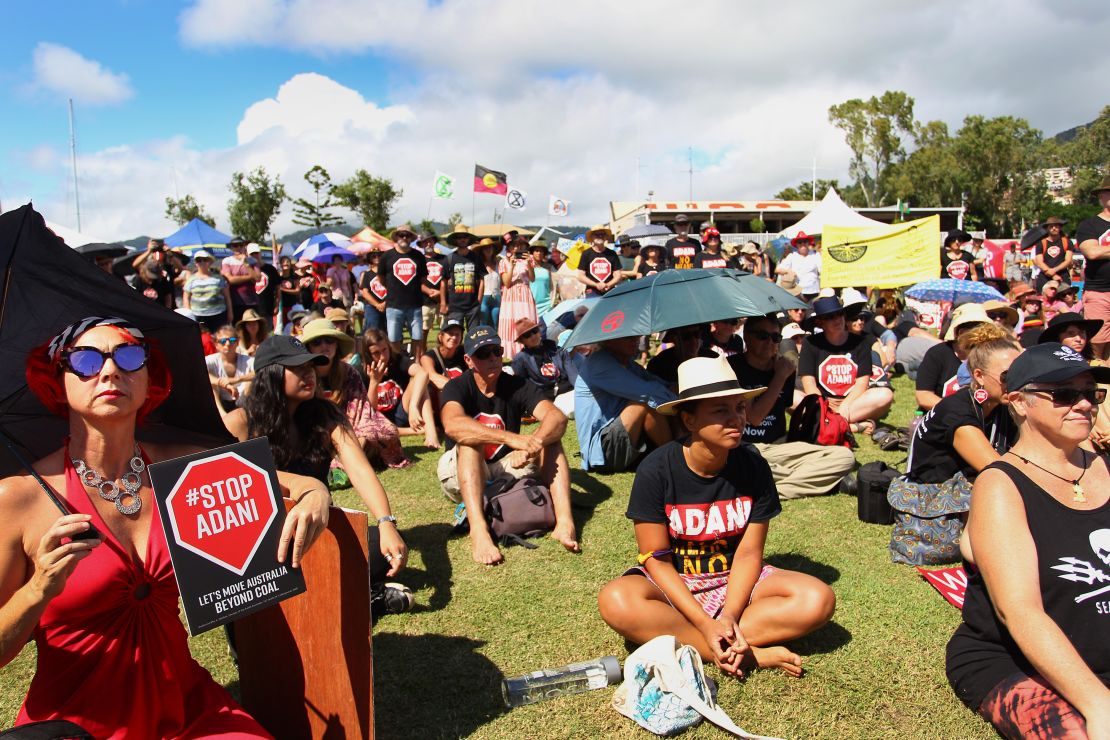 Campaigners and locals attend a rally against the Adani mine in Airlie Beach, April 26.
