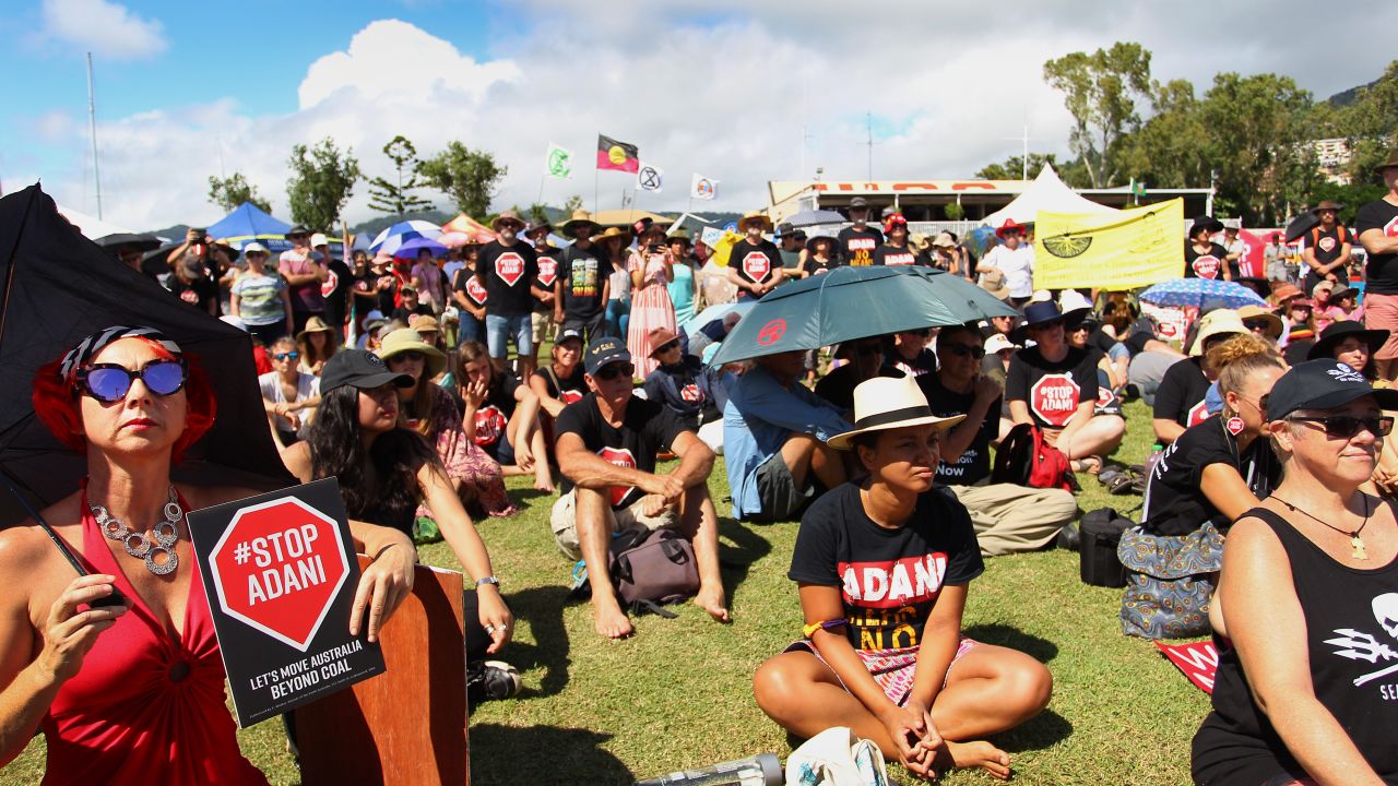 Campaigners and locals attend a rally against the Adani mine in Airlie Beach, April 26.