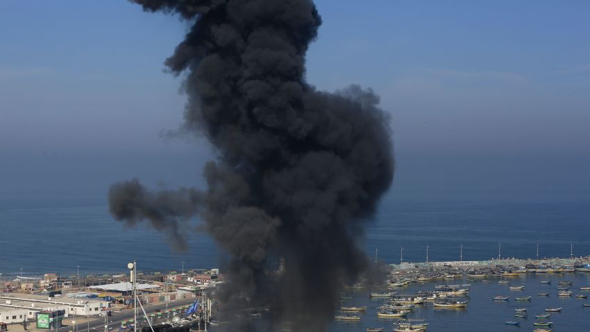 Smoke billows in the area overlooking Gaza City's main port during an Israeli airstrike on the Hamas-run Palestinian enclave on May 5, 2019. - Gaza militants fired fresh rocket barrages at Israel early today in a deadly escalation that has seen Israel respond with waves of strikes as a fragile truce again faltered and a further escalation was feared. (Photo by MOHAMMED ABED / AFP)        (Photo credit should read MOHAMMED ABED/AFP/Getty Images)