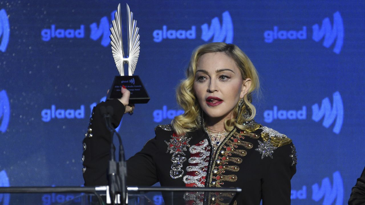 Madonna accepts an award at the 30th annual GLAAD Media Awards in New York on Saturday. 