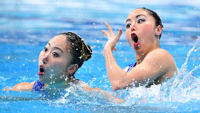 Yukiko Inui and Megumu Yoshida of Japan compete during the Duet Free Routine Final on day two of the Artistic Swimming Japan Open at Tokyo Tatsumi International Swimming Center on April 28.