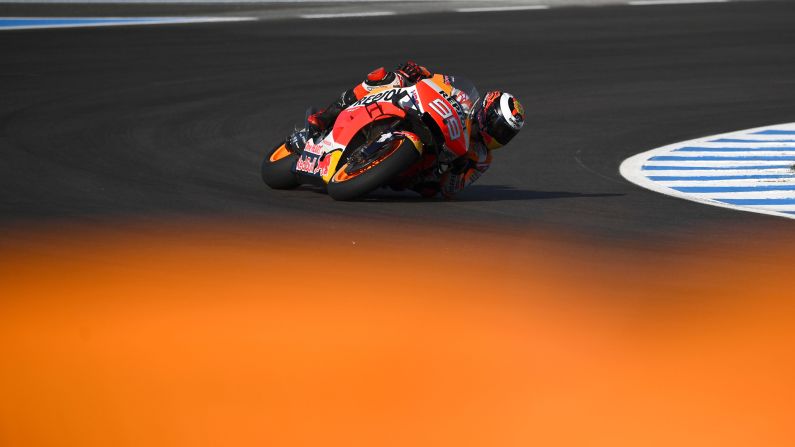 Spanish rider Jorge Lorenzo drives during a practice session for the Spanish Grand Prix in Jerez de la Frontera, Spain on Friday, May 3.