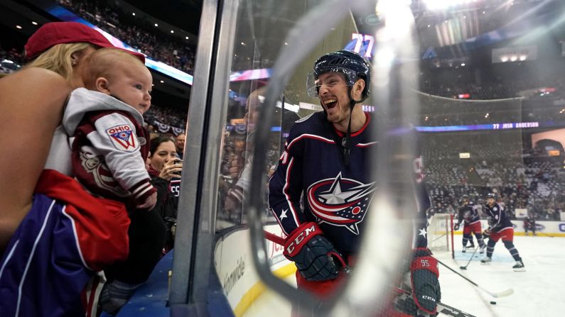 Columbus Blue Jackets center Matt Duchene smiles at his wife and son prior to Game 4 against the Boston Bruins during the second round of the 2019 Stanley Cup Playoffs at Nationwide Arena on Thursday, May 2, in Columbus, Ohio.