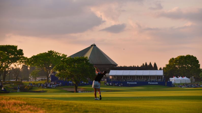 Mami Fukuda of Japan hits her second shot on the 18th hole during the final round of the Panasonic Open at Hamano Golf Club Ichihara, Japan, on Sunday, May 5.