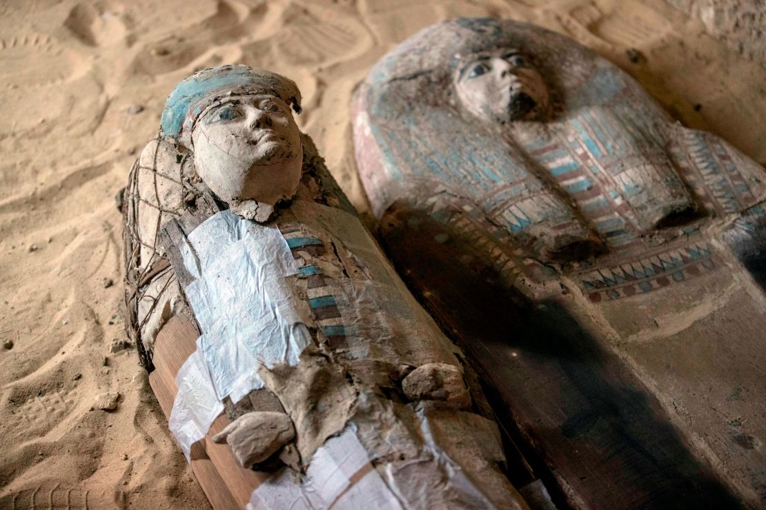 Sarcophagi inside a recetly discovered burial shaft at the Giza pyramid plateau in Cairo.