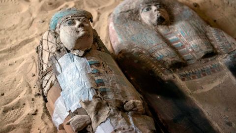 Sarcophagi are seen inside a burial shaft at the Giza pyramid plateau, on the southwestern outskirts of the Egyptian capital Cairo, on May 4, 2019, following the discovery of several Old Kingdom tombs and burial shafts. (Photo by MAHMOUD KHALED / AFP)        (Photo credit should read MAHMOUD KHALED/AFP/Getty Images)