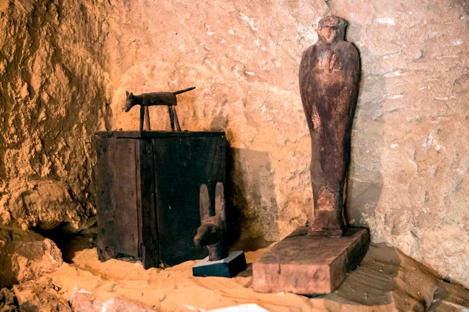 <strong>Buried memorials: </strong>Archaeologists also found various artifacts elsewhere in the tomb, including a limestone statue of one of the men, his wife and their son.