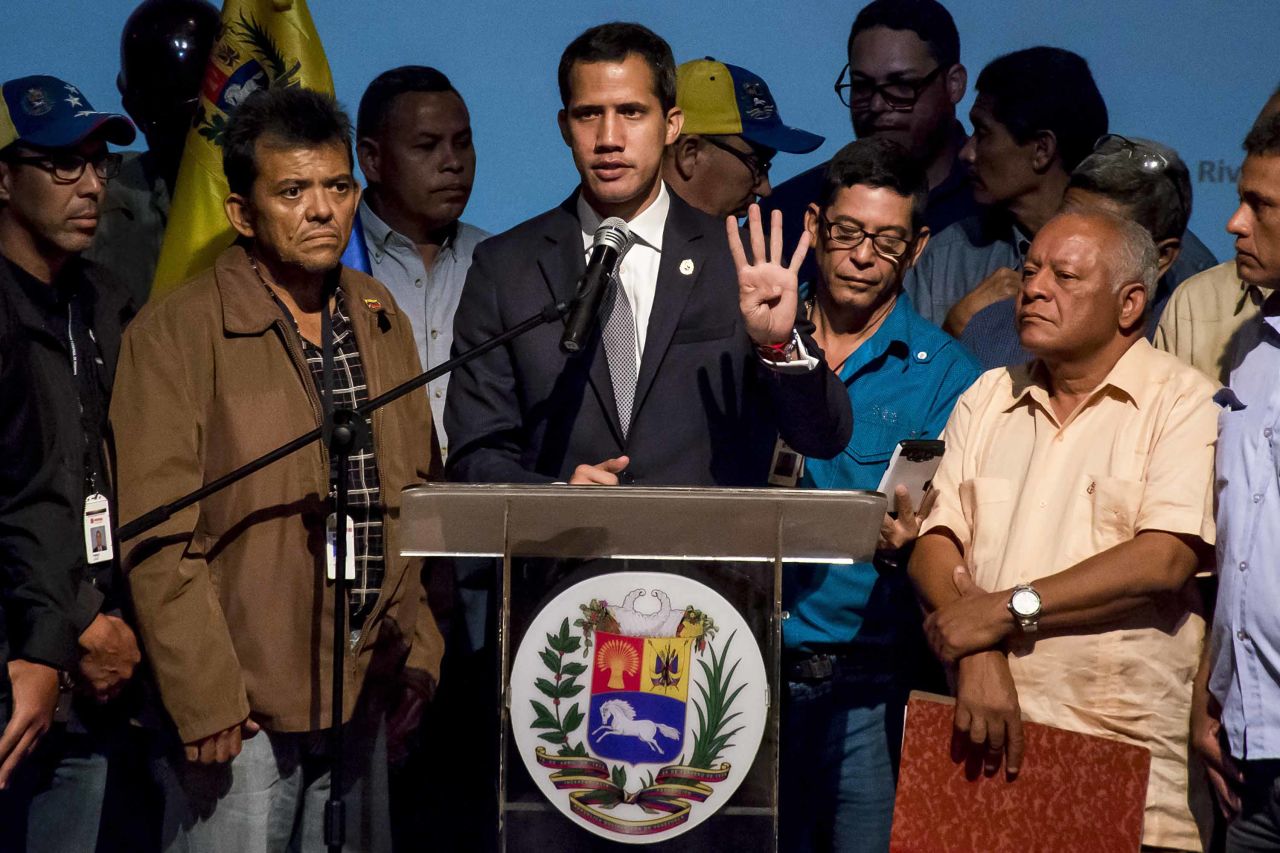 Opposition leader Juan Guaido gives a speech to opposition leaders and workers for the Venezuelan state-owned oil and natural gas company PDVSA on Friday, May 3.