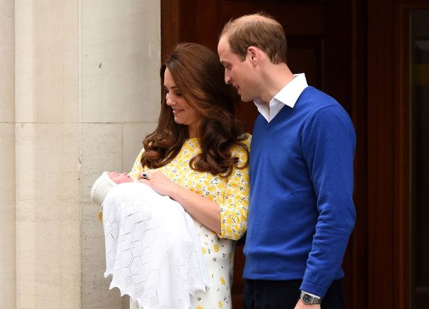 Catherine, Duchess of Cambridge and Prince William, Duke of Cambridge leave The Lindo Wing of St. Mary's Hospital with their newborn daughter, <a href="index.php?page=&url=http%3A%2F%2Fwww.cnn.com%2F2015%2F05%2F02%2Fworld%2Fgallery%2Froyal-baby-princess-announced%2Findex.html" target="_blank">Princess Charlotte</a>, on May 2, 2015 in London. Charlotte is fourth in line to the British throne, behind Prince Charles, William and her big brother, George.
