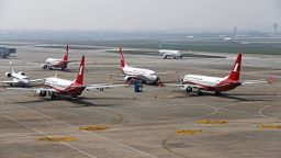 Shanghai Airlines' Boeing 737 MAX 8 planes grounded at the airport in Shanghai, China.