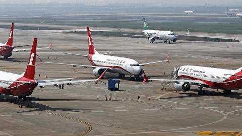 Shanghai Airlines' Boeing 737 MAX 8 planes grounded at the airport in Shanghai, China.