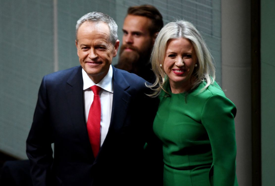 Opposition leader Bill Shorten stands with his wife Chloe Shorten after delivering his budget reply speech on April 4, 2019 in Canberra, Australia. 