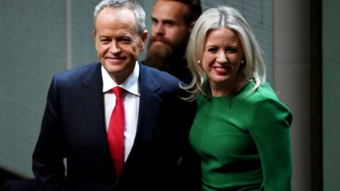 Opposition leader Bill Shorten stands with his wife Chloe Shorten after delivering his budget reply speech on April 4, 2019 in Canberra, Australia.