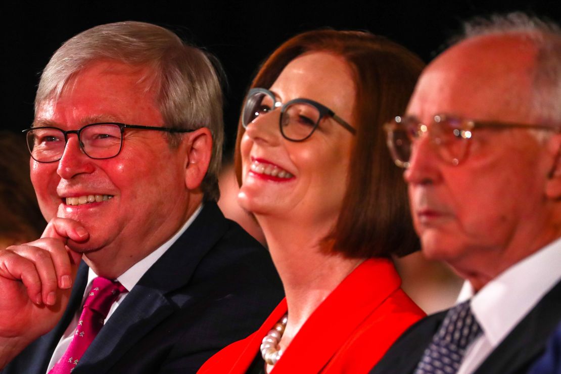 Australian Labor Party former premiers (from left to right) Kevin Rudd, Julia Gillard and Paul Keating attend leader Bill Shorten's address during the Labor Campaign Launch in Brisbane on May 5, 2019. 