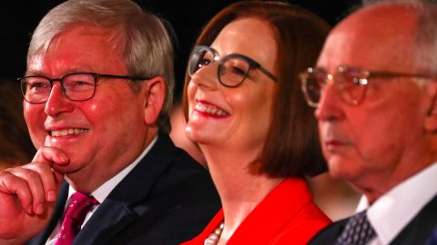 Australian Labor Party former premiers (from left to right) Kevin Rudd, Julia Gillard and Paul Keating attend leader Bill Shorten's address during the Labor Campaign Launch in Brisbane on May 5, 2019.