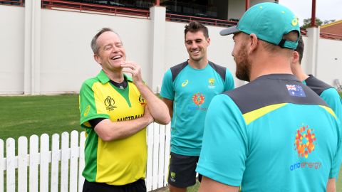 Labor Opposition leader Bill Shorten shares a laugh with Australian Cricket players Aaron Finch and Pat Cummins during a Cricket Australia Media Opportunity at Allan Border Field on May 4, 2019 in Brisbane, Australia.