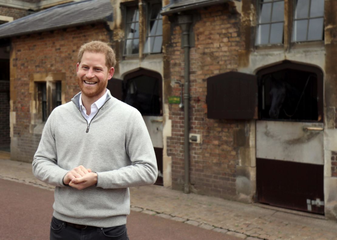 Harry, Duke of Sussex, speaks to members of the media at Windsor Castle following the birth of his son on Monday. 