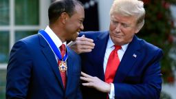 President Donald Trump awards the Presidential Medal of Freedom to Tiger Woods during a ceremony in the Rose Garden of the White House in Washington, Monday, May 6, 2019. 