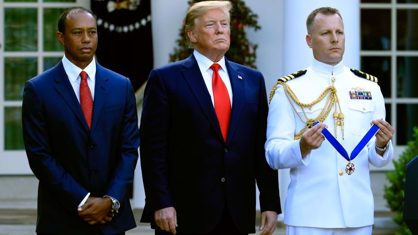 President Donald Trump awards the Presidential Medal of Freedom to Tiger Woods during a ceremony in the Rose Garden of the White House in Washington, Monday, May 6, 2019.