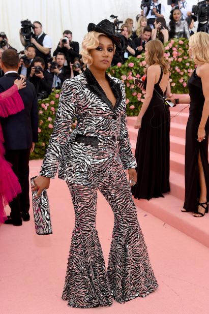 Tiffany Haddish turned heads in a sequinned, zebra-striped pantsuit.