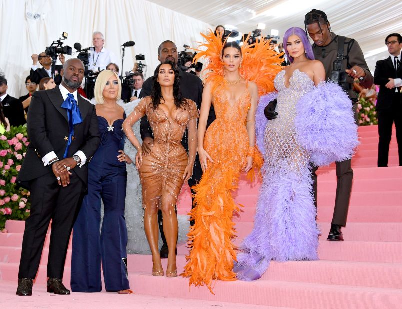 Corey Gamble, Kris Jenner, Kanye West, Kim Kardashian West, Kendall Jenner, Kylie Jenner and Travis Scott pose for a group shot on the steps of the Metropolitan Museum of Art.