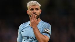 Manchester City's Argentinian striker Sergio Aguero reacts during the English Premier League football match between Manchester City and Leicester City at the Etihad Stadium in Manchester, north west England, on May 6, 2019. (Photo by Oli SCARFF / AFP) / RESTRICTED TO EDITORIAL USE. No use with unauthorized audio, video, data, fixture lists, club/league logos or 'live' services. Online in-match use limited to 120 images. An additional 40 images may be used in extra time. No video emulation. Social media in-match use limited to 120 images. An additional 40 images may be used in extra time. No use in betting publications, games or single club/league/player publications. /         (Photo credit should read OLI SCARFF/AFP/Getty Images)
