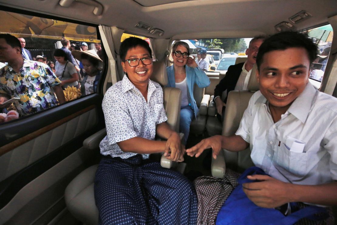 Reuters reporters Wa Lone and Kyaw Soe Oo react in a vehicle after being freed from Insein prison after receiving a presidential pardon in Yangon, Myanmar, May 7, 2019. REUTERS/Ann Wang