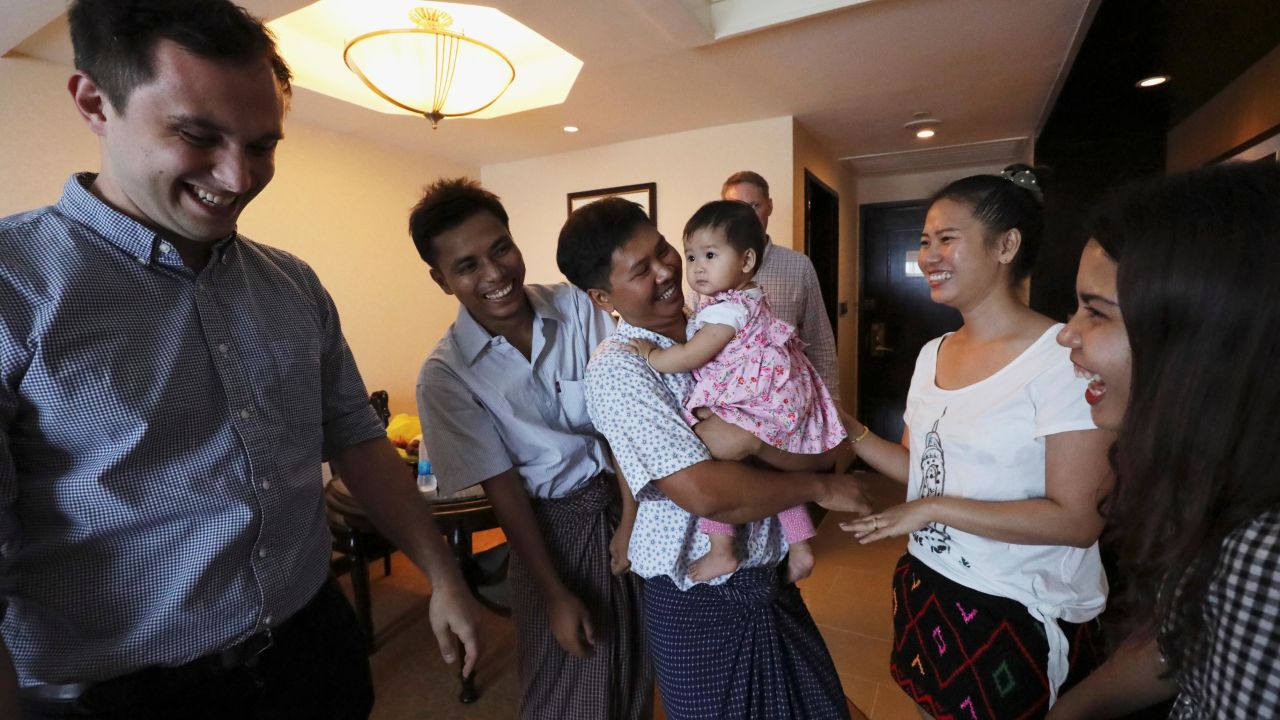 Reuters reporters Wa Lone and Kyaw Soe Oo celebrate with family members after being freed from prison.