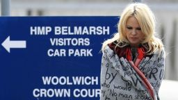 US actress Pamela Anderson leaves Belmarsh Prison in southeast London, after visiting WikiLeaks founder Julian Assange on May 7.