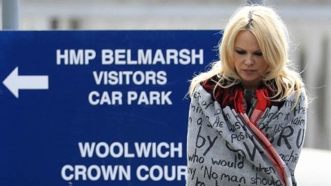 US actress Pamela Anderson leaves Belmarsh Prison in southeast London, after visiting WikiLeaks founder Julian Assange.