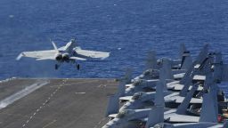 In this May 3, 2019 photo released by the U.S. Navy, An F/A-18E Super Hornet from VFA 25 launches from the flight deck of the Nimitz-class aircraft carrier USS Abraham Lincoln. The U.S. is dispatching the USS Abraham Lincoln and other military resources to the Middle East following "clear indications" that Iran and its proxy forces were preparing to possibly attack U.S. forces in the region, according to a defense official on May 5, 2019. (Mass Communication Specialist Seaman Michael Singley/US Navy via AP)