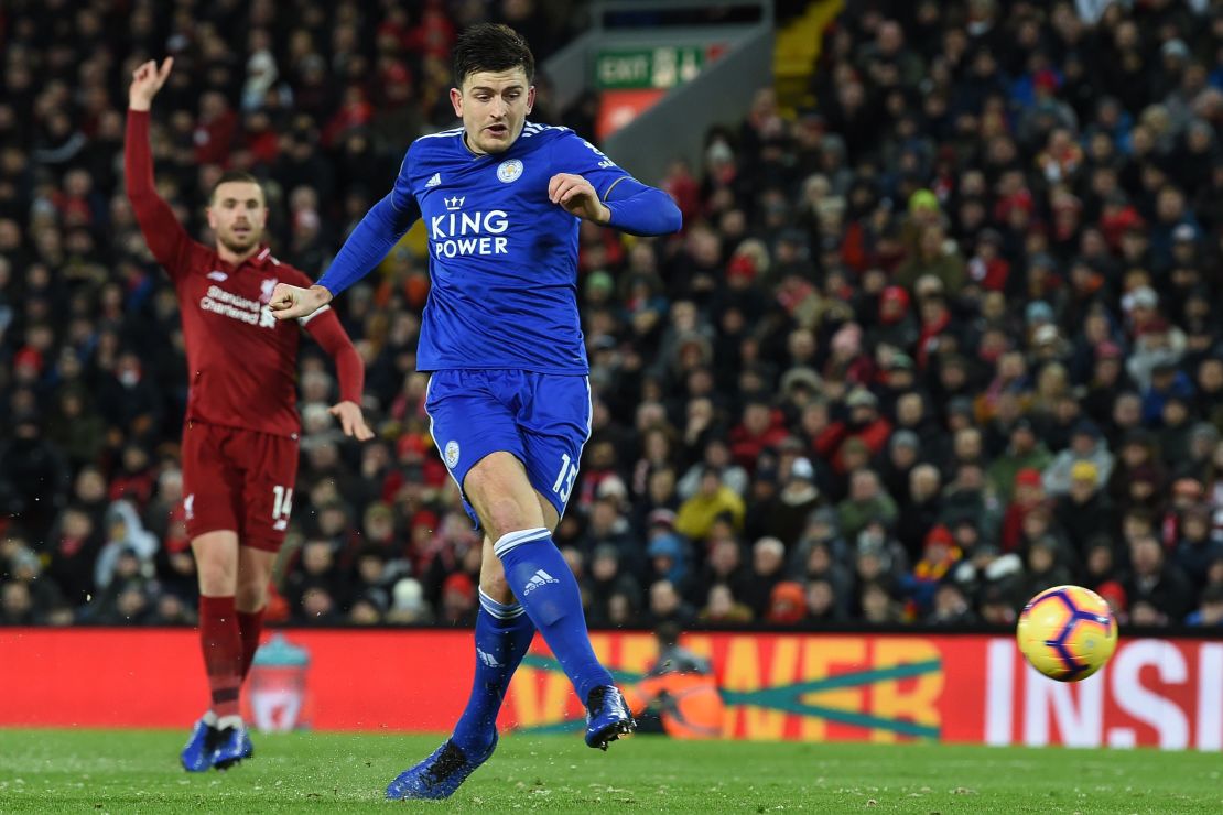 Leicester City's Harry Maguire shoots to score in the 1-1 draw at Liverpool.
