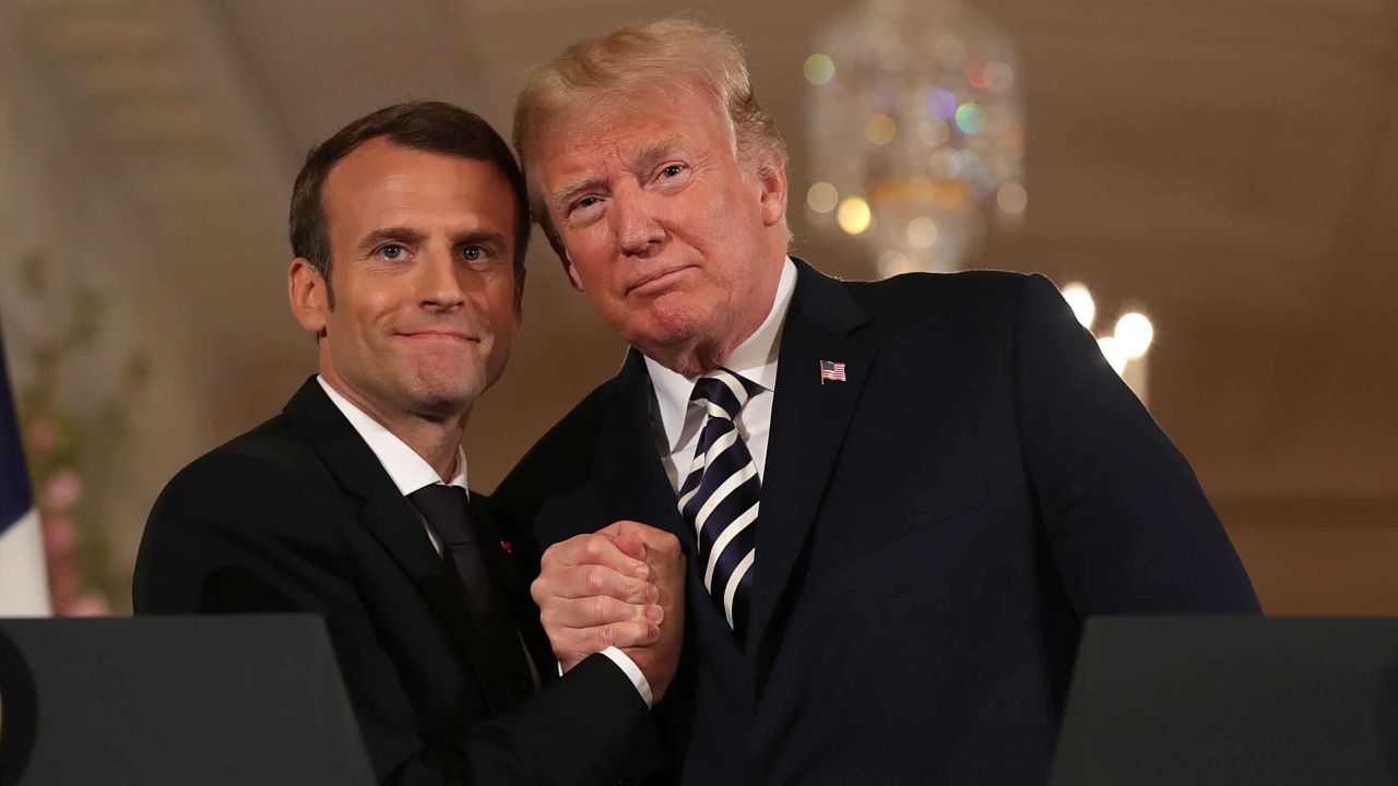 WASHINGTON, DC - APRIL 24:  French President Emmanuel Macron (L) and U.S. President Donald Trump embrace at the completion of a joint press conference in the East Room of the White House April 24, 2018 in Washington, DC. Macron and Trump met throughout the day to discuss a range of bilateral issues as Trump holds his first official state visit with the French president.  (Photo by Chip Somodevilla/Getty Images)