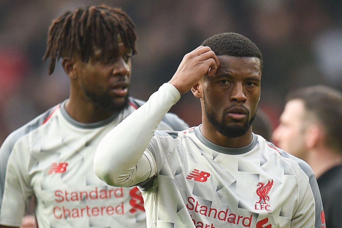 Liverpool's Dutch midfielder Georginio Wijnaldum looks frustrated after his side's draw at Old Trafford.