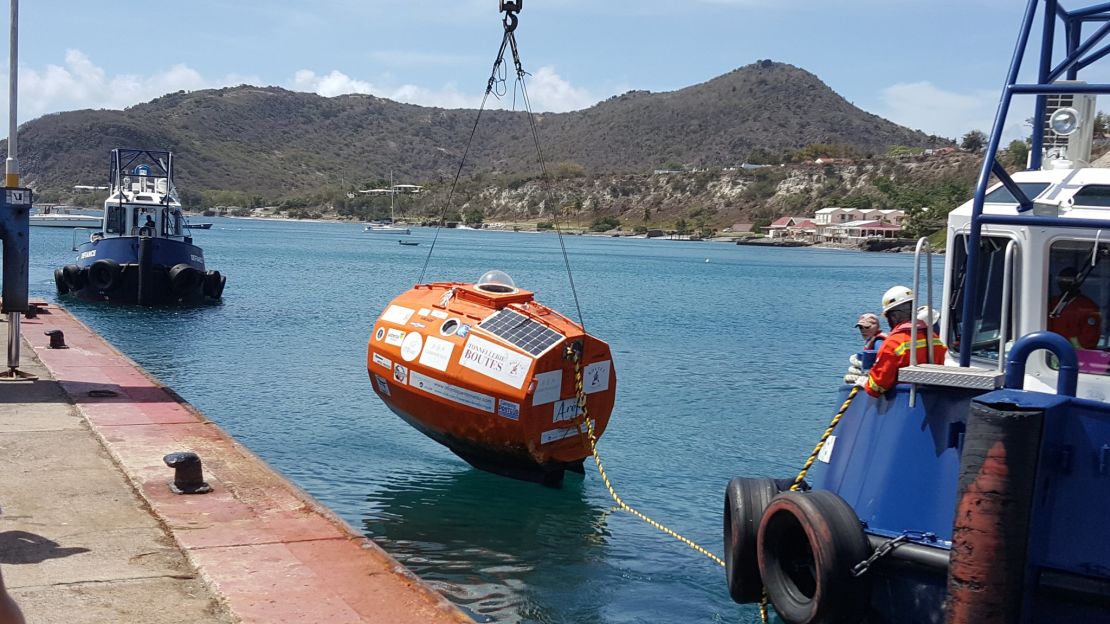 Savin's barrel is lifted out of the water in St. Eustatius.