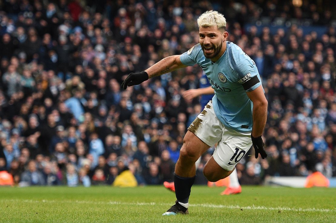 Manchester City's Argentinian striker Sergio Aguero celebrates scoring his team's third goal during the English Premier League football against Chelsea in February.