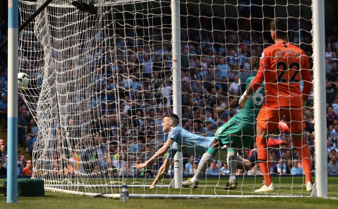 City midfielder Phil Foden scores the only goal of the game in the 1-0 win over Tottenham.