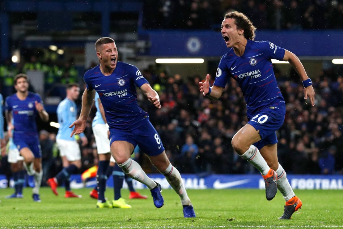 Chelsea's  David Luiz (R) celebrates with Ross Barkley after scoring his side's second goal in the 2-0 win over Manchester City.