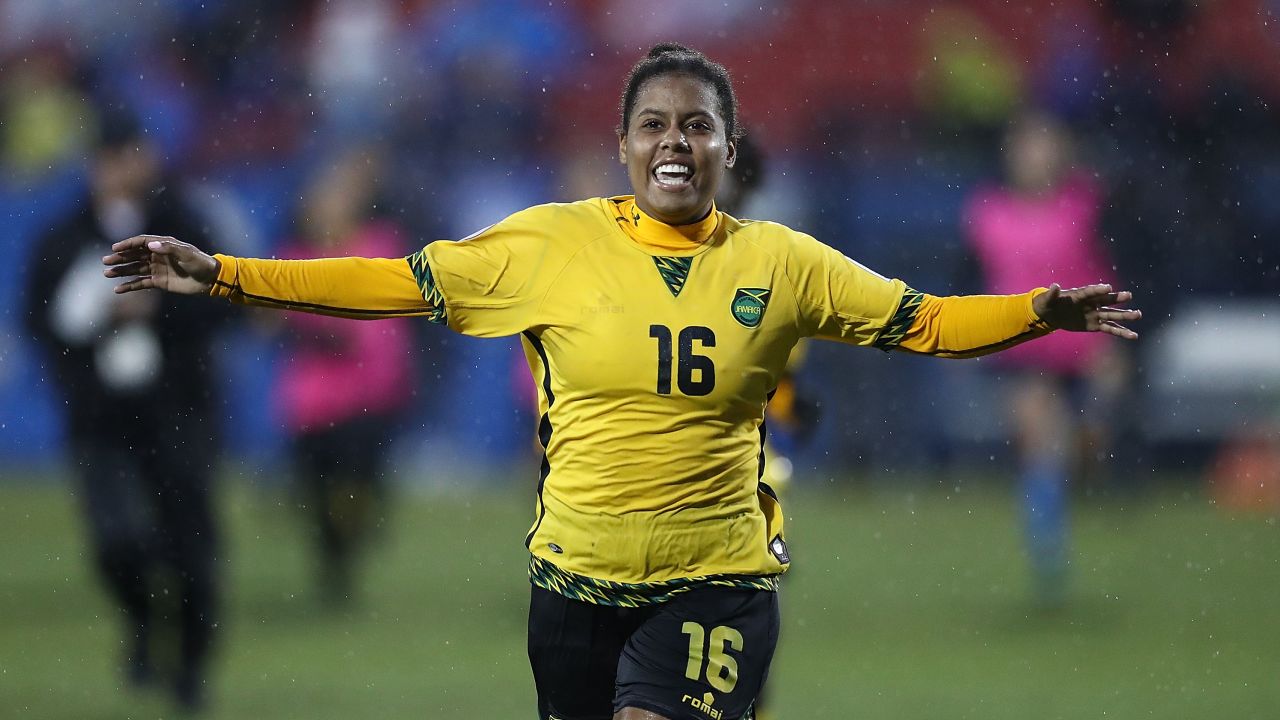 Bond-Flasza celebrates scoring the penalty which saw Jamaica qualify for France 2019.