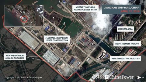 Satellite images from April show a rapid series of changes at the Jiangnan shipyard, outside of Shanghai.