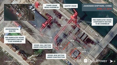Satellite images released by CSIS which could show the new advanced Chinese aircraft carrier under construction in April.