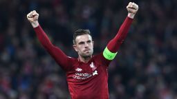 Liverpool's English midfielder Jordan Henderson celebrates after winning the UEFA Champions league semi-final second leg football match between Liverpool and Barcelona at Anfield in Liverpool, north west England on May 7, 2019. (Photo by Paul ELLIS / AFP)        (Photo credit should read PAUL ELLIS/AFP/Getty Images)